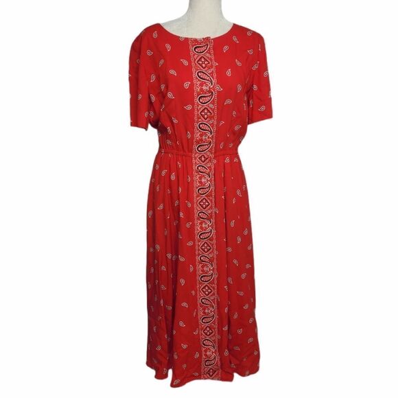 VINTAGE 90s dress Liz Claiborne red bandana print southwestern midi M - Picture 1 of 9